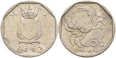 Мальта 5 центов 1991 краб KM 95 медно-никель 4387-1022