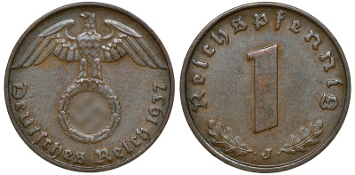 ГЕРМАНИЯ 1 РЕЙХСПФЕННИГ 1937 J J 361, KM 89 бронза 72-1622