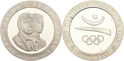 Испания 2000 песет 1990 XXV летние Олимпийские игры 1992 года в Барселоне, символика, олимпийские кольца KM 859 серебро PROOF 1072-8-42