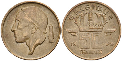 БЕЛЬГИЯ 50 САНТИМОВ 1969 BELGIQUE KM 148.1 бронза 4528-922