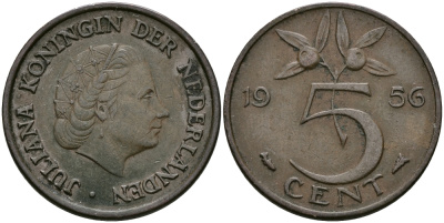 НИДЕРЛАНДЫ 5 ЦЕНТОВ 1956 ЮЛИАНА KM 181 бронза 95-325