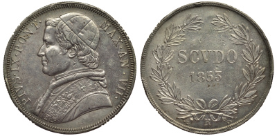 Ватикан 1 скудо 1853 папа Пий IX, реставрация KM 1336.2 серебро 00-000-00