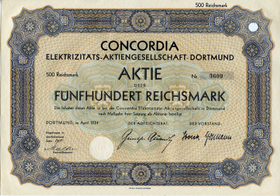 Германия 500 рейхсмарок 1934 АО Электрическая компания Конкордия, Дортмунд, акция   бумага 8803-25-1