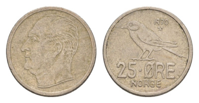 Норвегия 25 эре 1970 Улаф V (1957-1991) KM 407 медно-никель 4632-1243
