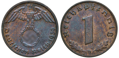 ГЕРМАНИЯ 1 РЕЙХСПФЕННИГ 1939 D J 361, KM 89 бронза 72-1636