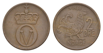 Норвегия 2 эре 1966 Улаф V (1957-1991) KM 410 бронза 4635-344