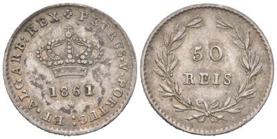 Португалия 50 реалов 1861 Педру V (1853-1861) KM 493 серебро 4611-254