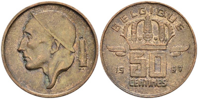 БЕЛЬГИЯ 50 САНТИМОВ 1967 BELGIQUE KM 148.1 бронза 4528-924