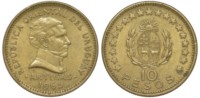 Уругвай 10 песо 1965 KM 48 алюминиевая бронза 4574-716