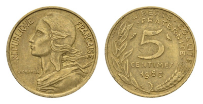 Франция 5 сантимов 1968 KM 933 алюминиевая бронза 4613-168