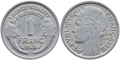 ФРАНЦИЯ 1 ФРАНК 1948 ТИП MORLON, LEGERE KM 885a.1, LE FRANC 221.13 алюминий 4397-654