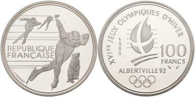 Франция 100 франков 1990 XVI Зимние Олимпийские игры 1992 в Альбервиле, конькобежный спорт KM 980 серебро PROOF 1074-7-12
