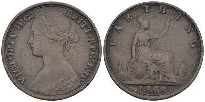 Великобритания 1 фартинг 1868 Виктория (1837-1901) KM 747.2, Spink 3958 бронза 4584-132