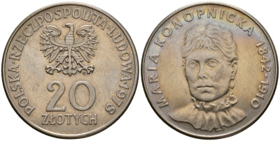 Польша 20 злотых 1978 MW, Портрет Марии Конопницкой (1842-1910) KM 95 медно-никель UNC 109-734