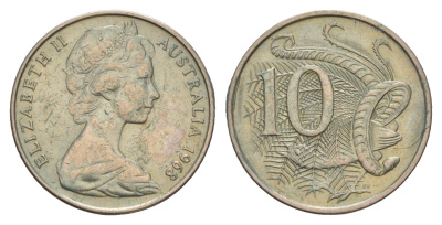 Австралия 10 центов 1968 Елизавета II (1952-2022), птица лирахвост KM 65 медно-никель 4657-136