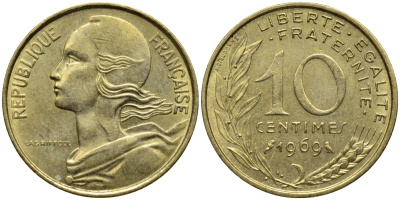 Франция 10 сантимов 1969 KM 929, Le Franc 144.9 медь алюминий никель 192-654