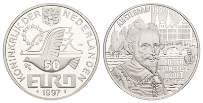 Нидерланды 50 евро 1997 350 лет со дня смерти П.К. Хофта X 135 серебро PROOF 443-1425