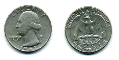 США 25 центов (квотер) 1967 Вашингтон KM 164a медь плакированная медно-никелем 46-1854