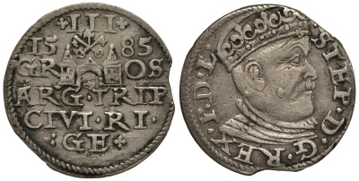 Латвия, Рига 3 гроша (трояк) 1585 Стефан Баторий (1576-1586), король Польский и великий князь Литовский, вес 2,16 гр. Kopicki 8095 R5! серебро 1516-1333