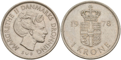 Дания 1 крона 1978 S; B, Маргрете II (1972-) KM 862.1 медно-никель 4150-857