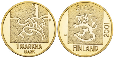 Финляндия 1 марка 2001 в память последней марки, в оригинальной коробке, с сертификатом KM 95 золото  PROOF  00-802-07
