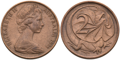 АВСТРАЛИЯ 2 ЦЕНТА 1975 ЕЛИЗАВЕТА II, МОЛОДОЙ ПОРТРЕТ, ПЛАЩЕНОСНАЯ ЯЩЕРИЦА (FRILLED LIZARD) KM 63 бронза 4566-415