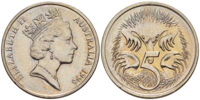 Австралия 5 центов 1996 Елизавета II (1952-2022), ехидна KM 80 медно-никель 105-326
