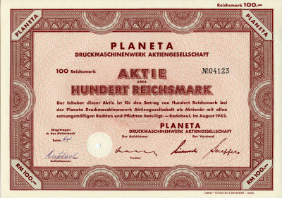 Германия 100 рейхсмарок 1942 АО Книгопечатные машины и оборудование Planeta, акция   бумага  8803-24-1