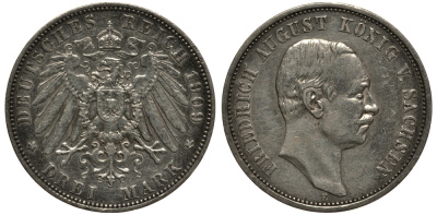 Саксония 3 марки 1909 Е, Фридрих Август III (1904-1918) Weege 132, J. 135, KM 1267 серебро 3711-1331