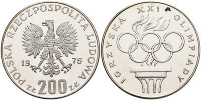 Польша 200 злотых 1976 MW, XXI олимпийские игры 1976 года в Монреале, кольца, в пластике KM 86, Parchimowicz 306а серебро BUNC 05-139-33