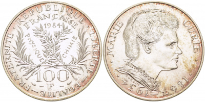 Франция 100 франков 1984 50 лет со дня смерти Марии Кюри KM 955 серебро UNC 1074-6-54