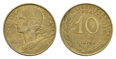 Франция 10 сантимов 1974 KM 929 алюминиевая бронза 4674-567