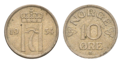 Норвегия 10 эре 1954 Хокон VII (1905-1957) KM 396 медно-никель UNC 4632-1142