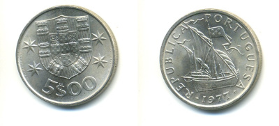 ПОРТУГАЛИЯ 5 ЭСКУДО 1977 ПАРУСНИК KM 591 медно-никель 176-247