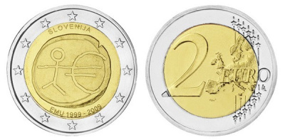 Словения 2 евро 2009 10 лет монетарной политики и введения евро KM 82 биметалл UNC M45-01
