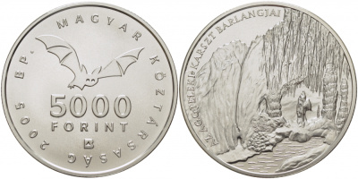 Венгрия 5000 форинтов 2005 карстовые пещеры, тираж 5000 экземпляров KM 782 серебро UNC 1077-7-23