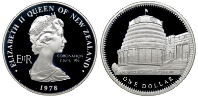 Новая Зеландия 1 доллар 1978 25 лет коронации Елизаветы II и открытие здания Парламента, Елизавета II (1952-2022), в оригинальной коробке KM 47а серебро PROOF 4-3-4-38