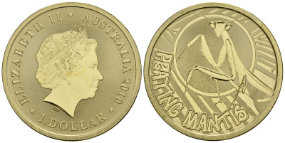 Австралия 1 доллар 2010 серия насекомые, богомол KM 1447 алюминиевая бронза UNC M42-12