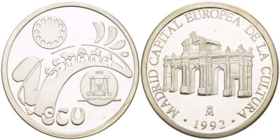 Испания 1 экю 1992 Мадрид - столица европейской культуры X M8 серебро  PROOF   1080-9-64