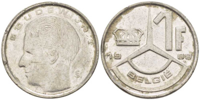 БЕЛЬГИЯ 1 ФРАНК 1989 BELGIE, БОДУЭН I (1951-1993) KM 171 железо плакированное никелем 3851-1019