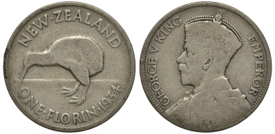 Новая Зеландия 1 флорин 1934 Георг V (1910-1936), птичка киви KM 4 серебро 272-1313