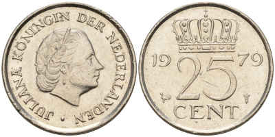 Нидерланды 25 центов 1979 Юлиана (1949-1980) КМ 183 никель    4124-154