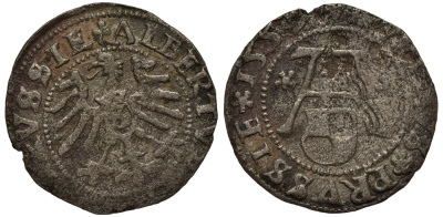 Бранденбург-Пруссия 1 шиллинг 1557 Альбрехт (1526-1568), вес 0,93 гр. серебро 1516-242