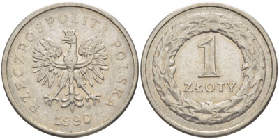 ПОЛЬША 1 ЗЛОТЫЙ 1990 MW KM 282 медно-никель 175-1156