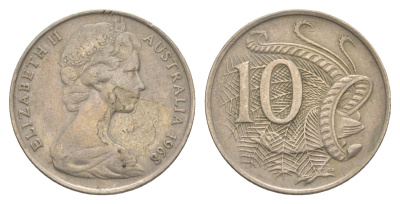 Австралия 10 центов 1968 Елизавета II (1952-2022), птица лирахвост KM 65 медно-никель 4364-4452