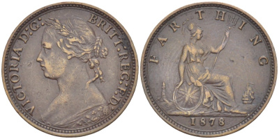 Великобритания 1 фартинг 1878 Виктория (1837-1901) KM 753, Spink 3958 бронза 4543-912