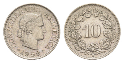 Швейцария 10 раппенов 1959 B KM 27 медно-никель 4625-233