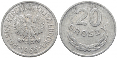 ПОЛЬША 20 ГРОШЕЙ 1965 MW KM А47 алюминий 4448-342