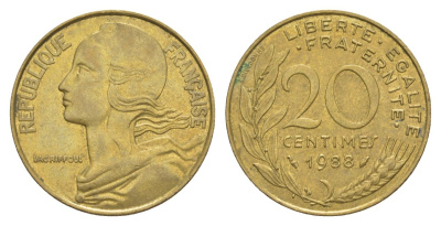 Франция 20 сантимов 1988 тип Morlon KM 930, Le Franc 156.28 алюминиевая бронза 4631-514