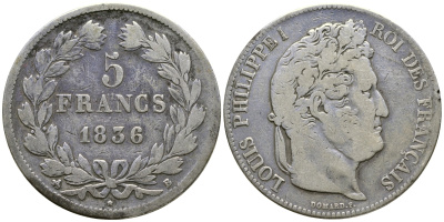 Франция 5 франков 1836 B, Луи Филипп I (1830-1848) KM 749.2 серебро 1066-7-53